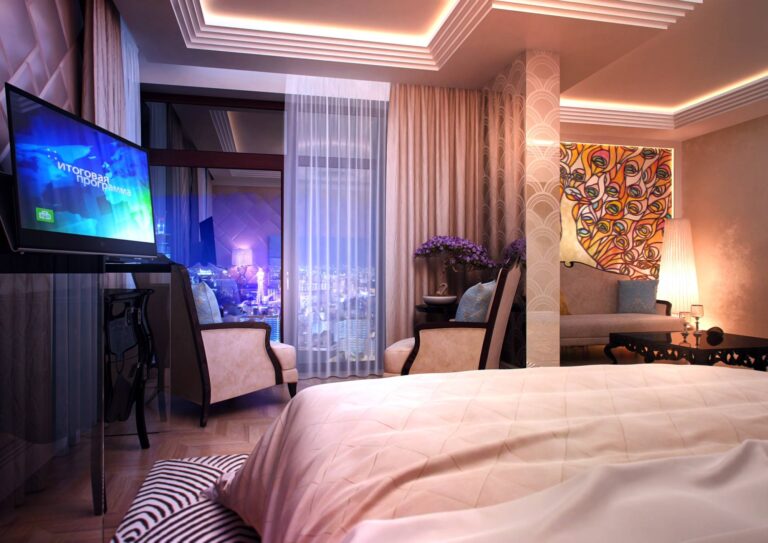 Фото просторной спальни с освещением