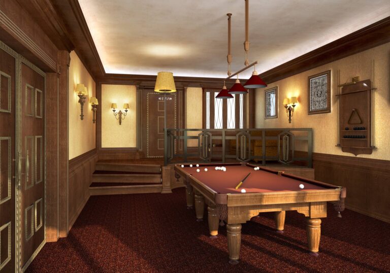 Бордовый пол и желтые стены в дизайне бильярдной