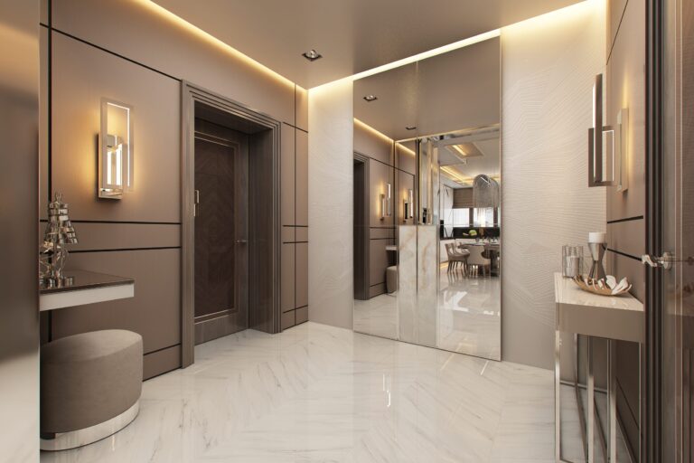 Дизайн бежевой прихожей с большим зеркалом