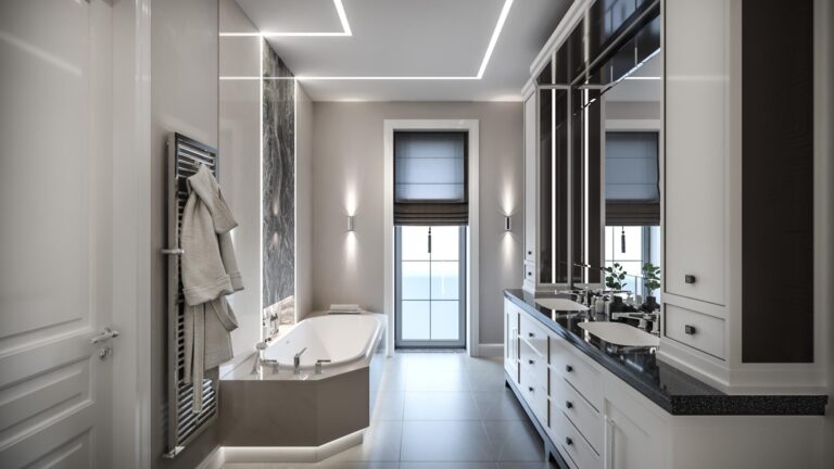 Контрастная отделка в дизайн-проекте белой туалетной комнаты