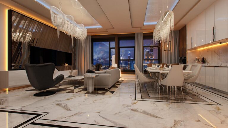 Организация освещения в виде двух больших дизайнерских люстр в гостиной