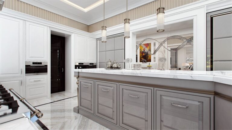 Бело-серая кухня с подвесными рифлеными стеклянными светильниками