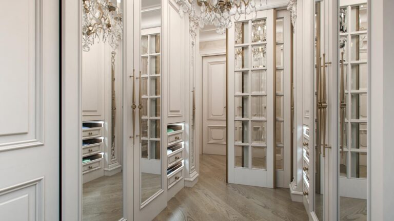 Дизайн гардеробной комнаты с зеркальными шкафами