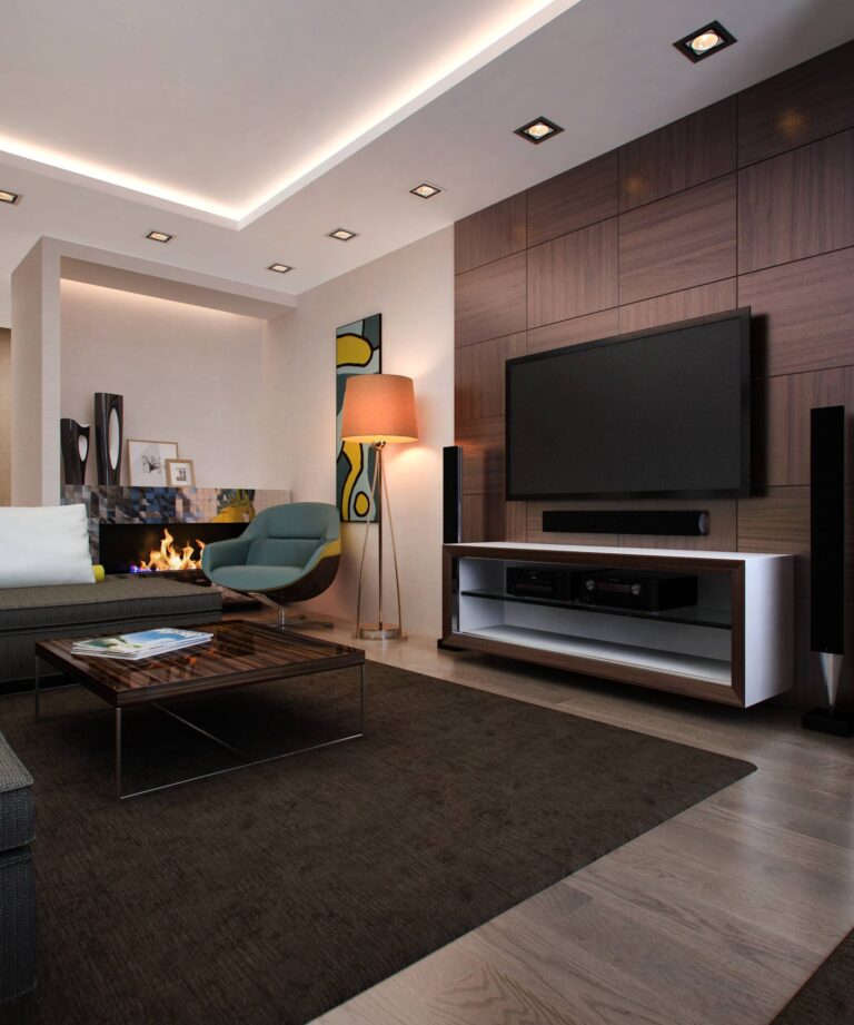 Декоративная деревянная панель под телевизор в интерьере гостиной