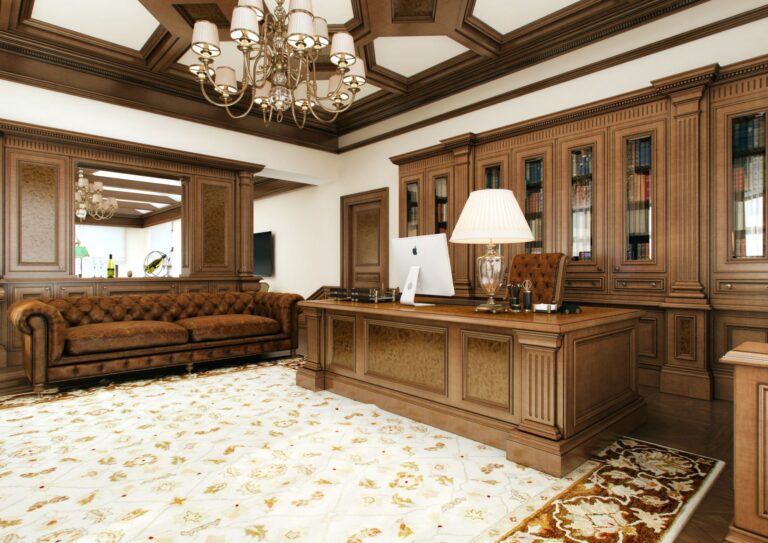 Оформление классического кабинета декорированным белым ковром