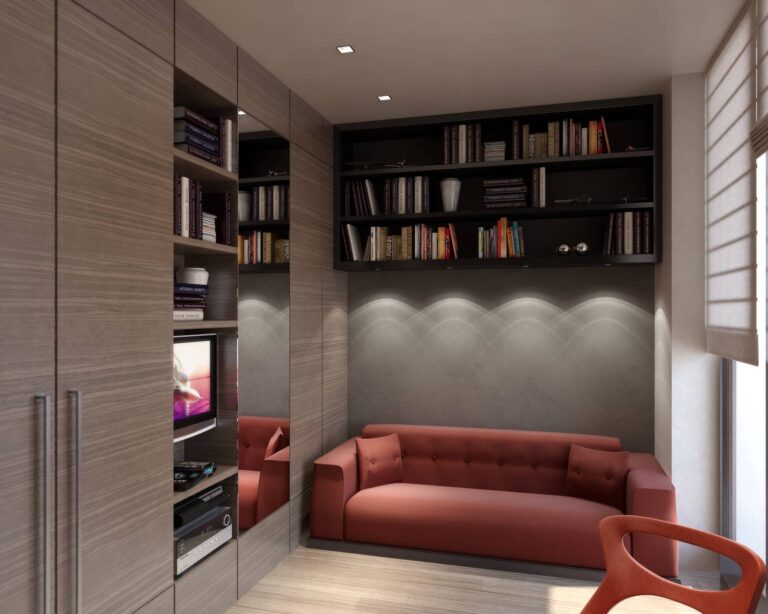 Бежевый интерьер детской спальни с красной мебелью