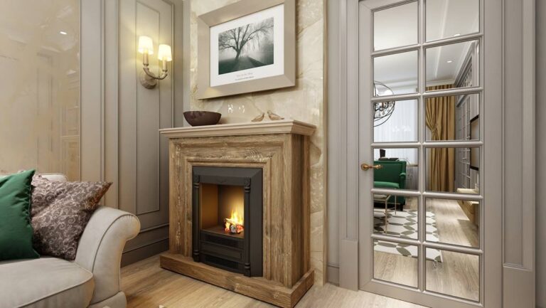 Оформление камина под дерево – гостиная в белых тонах