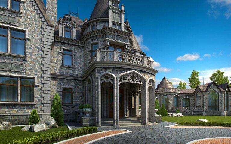 Арочные окна, эркеры, башенки и балюстрада в фасаде замка