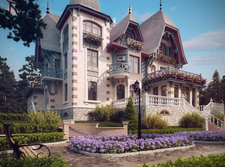 Ландшафтный дизайн на прилегающей площадке, вымощенной натуральным камнем