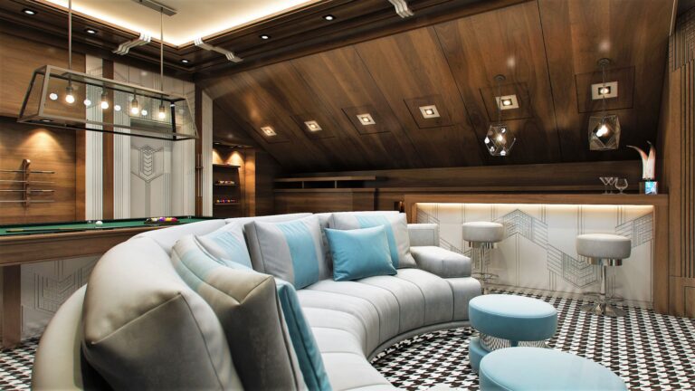 Темно-ореховые деревянные панели в отделке стен и потолка