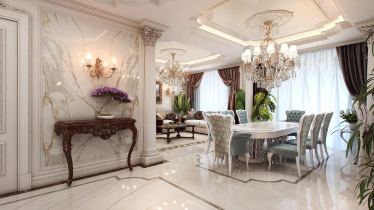 Классическая белая столовая с резной консолью из массива