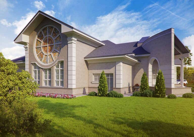 Внутренний фасад особняка с круглой цветной мозаикой