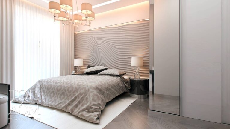 Фото оригинального оформления стены за кроватью в спальне