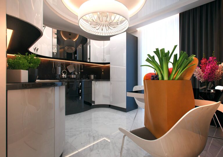 Черно-белый интерьер кухни в квартире