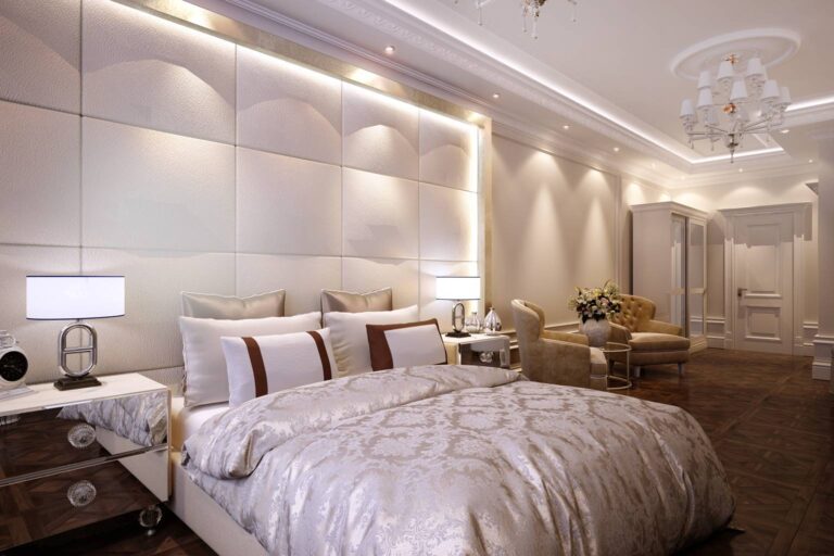 Фото дизайна светлой спальни с темным полом