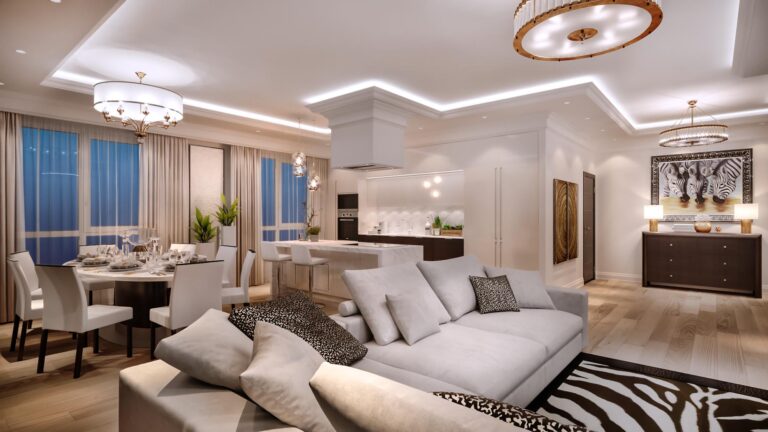 Дизайн-проект гостиной с круглыми люстрами