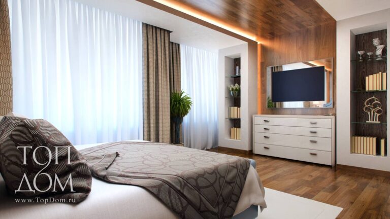 Оформление коричневого дизайна спальни с белой мебелью