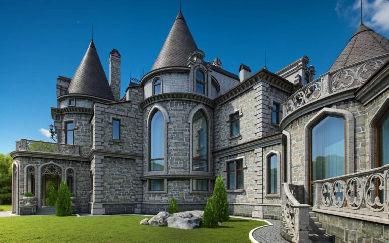 Натуральный камень в отделке фасада большого дома-замка