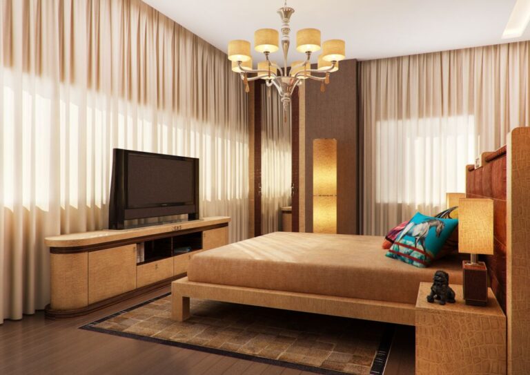 Светло-коричневые вставки кожи рептилии в дизайне спальни