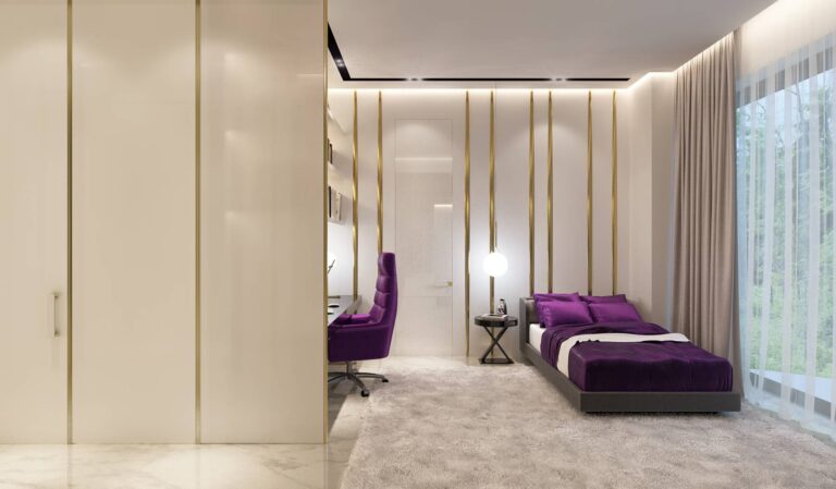 Драпировка белым тюлем больших панорамных окон  в компактной спальне