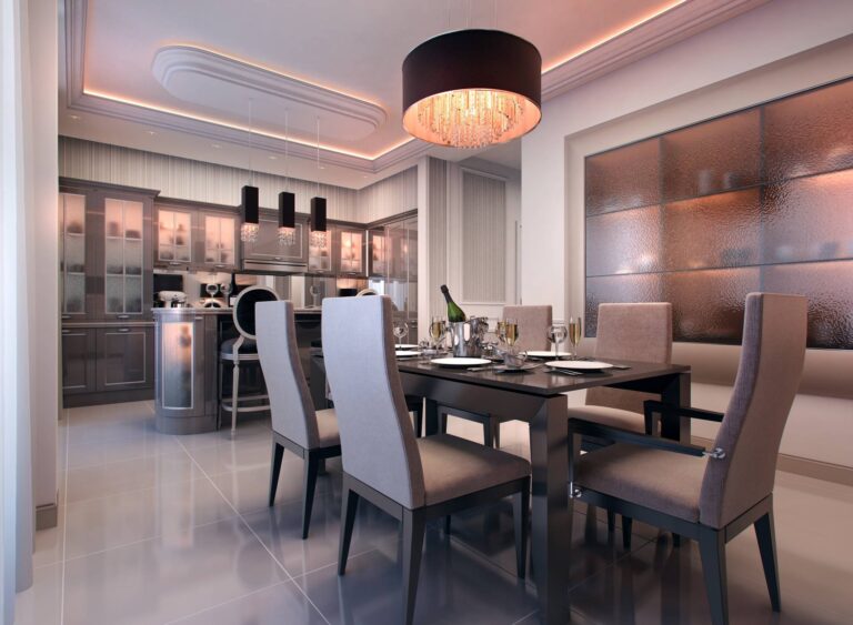 Настенный шкаф с подсветкой в интерьере классической столовой