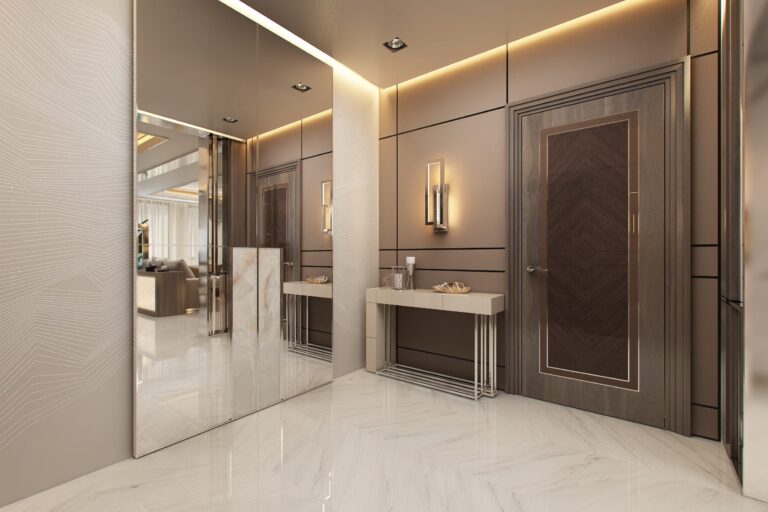 Белая консоль в интерьере белой прихожей