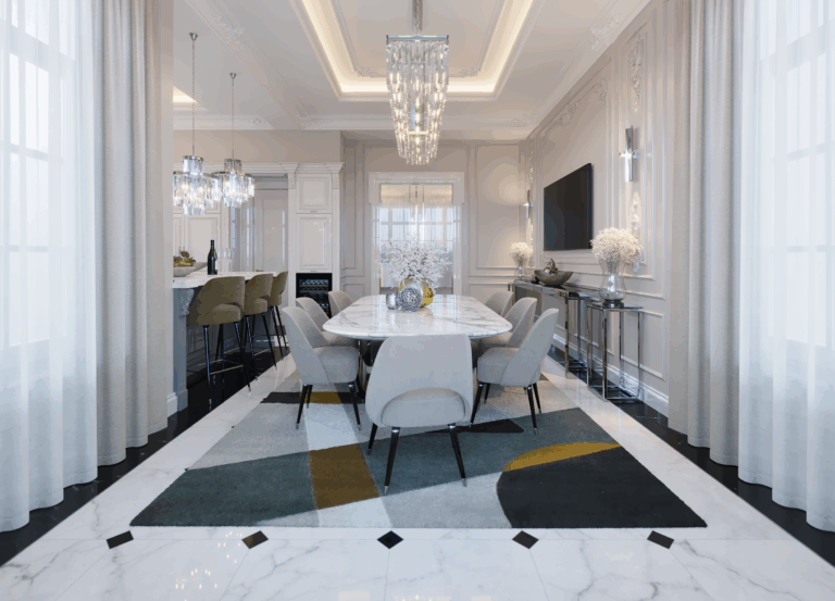 Горчичные акценты в дизайне белой столовой-кухни