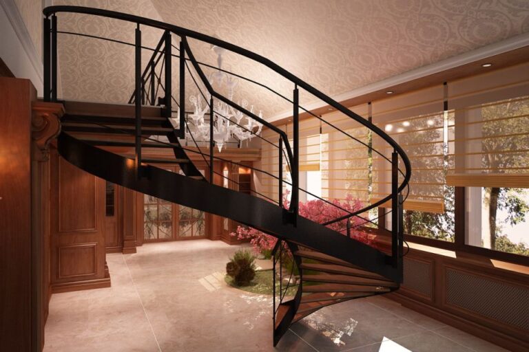 Черно-коричневая изогнутая лестница в оформлении двухуровневой квартиры