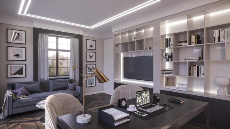 Открытые полки с подсветкой в интерьере бежевого кабинета