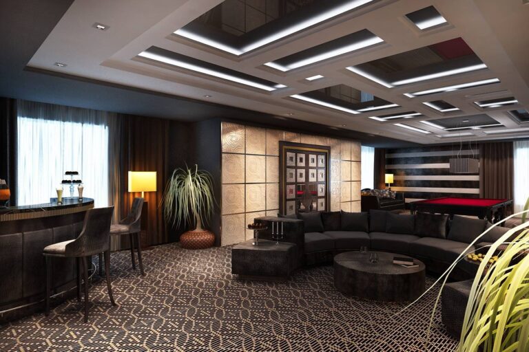 Стильный дизайн гостиной с полукруглой диванной зоной