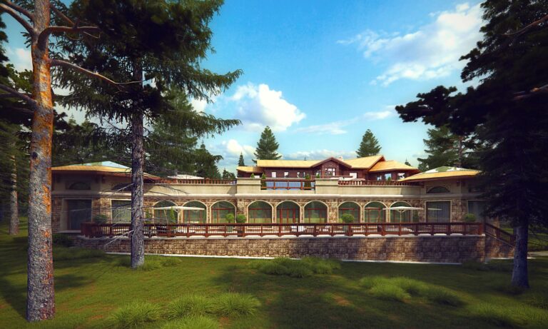 Арочные окна на каменной террасе во внутреннем фасаде дома-шале