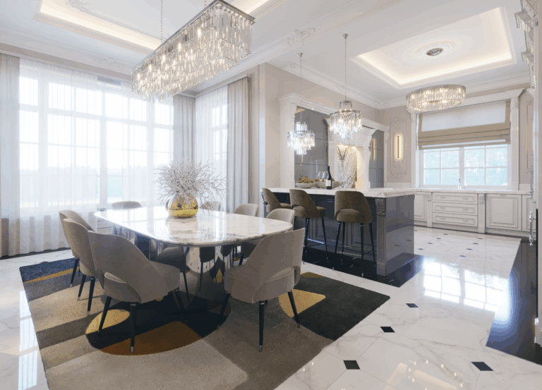 Дизайн кухни-столовой с большими хрустальными люстрами