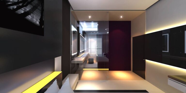 Уютный дизайн спальни в светлых тонах с черными вставками