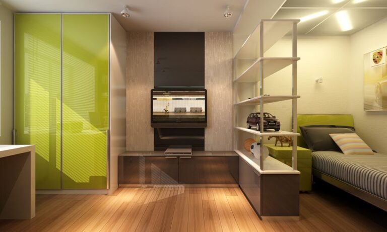 Мебель коричневых и зеленых тонов в дизайне детской