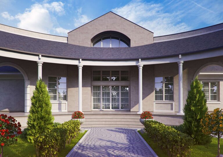 Фасад дома из серого и темно-серого кирпича с колоннадой и панорамными окнами