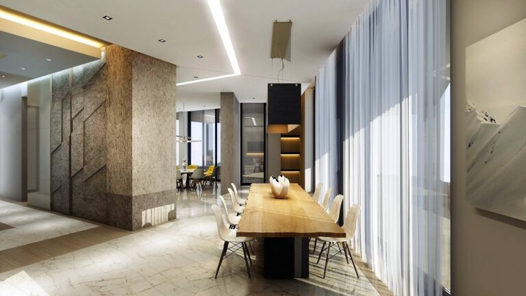 Современная столовая с большим столом из массива древесины орехового оттенка