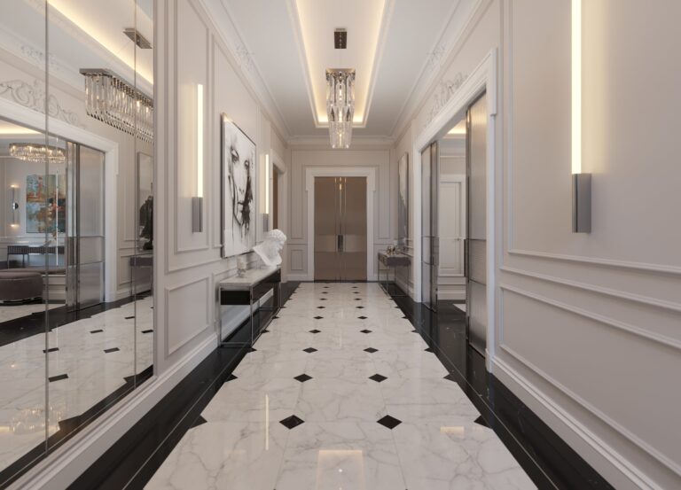 Панели белого цвета из дерева в отделке холла