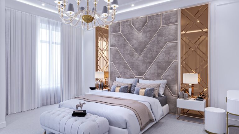 Интерьер спальни с мягким изголовьем и зеркалами