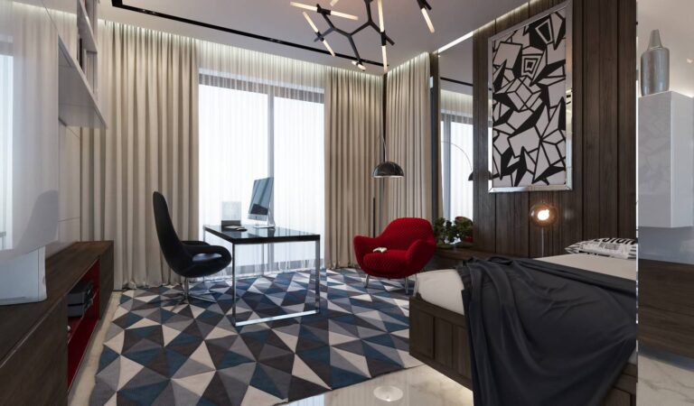 Универсальная спальня – кабинет с большими панорамными окнами, оформленными бежевыми шторами