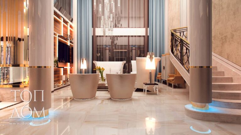 Сливочно-персиковые оттенки в интерьер гостиной ночью