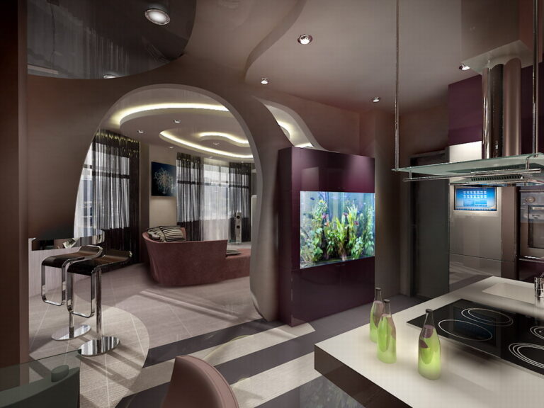 Фиолетовая перегородка в сером дизайне кухни