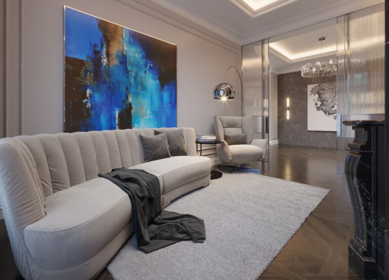 Дизайн места для отдыха у камина на 2-м этаже