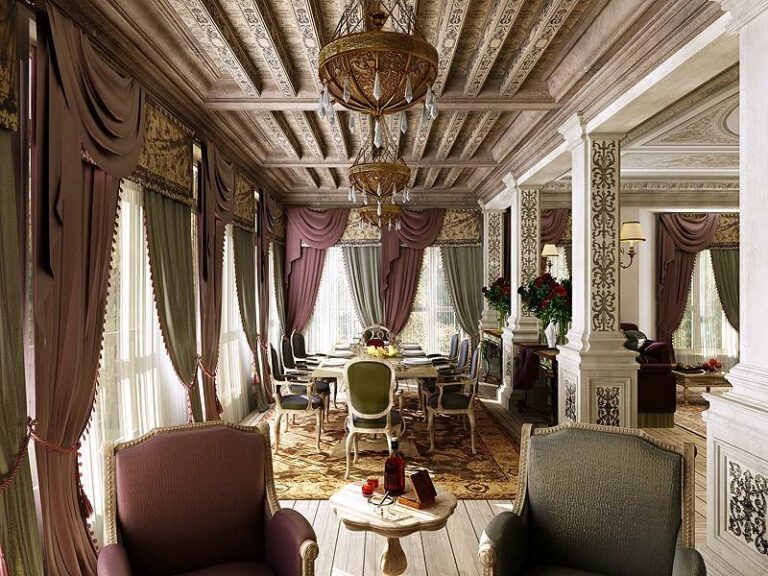 Узорчатые светлые ковры на дощатом полу в интерьере столовой