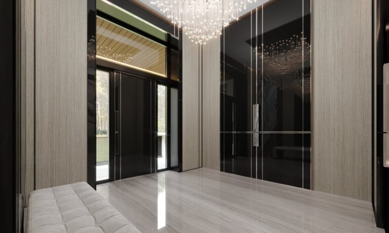 Дизайн прихожей с большими темными дверьми