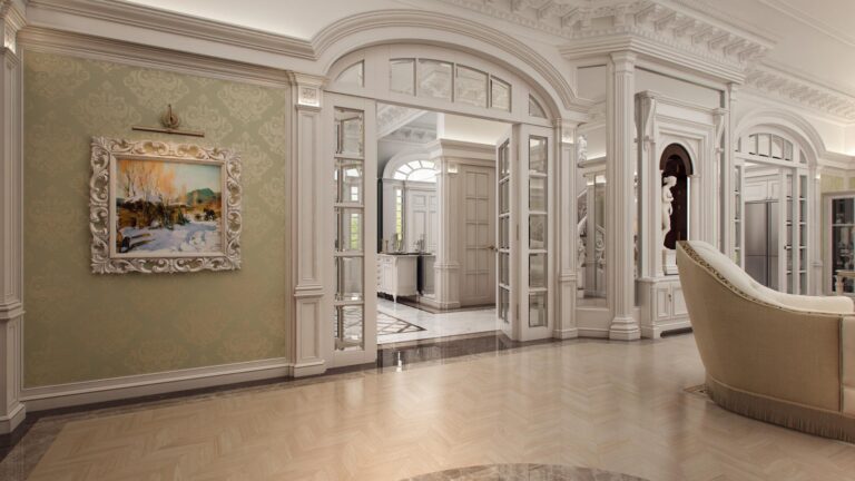 Декор стен и оформление дверей между гостиной и кухней