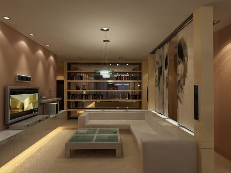 Интерьер бежево-желтой гостиной с большим угловым диваном