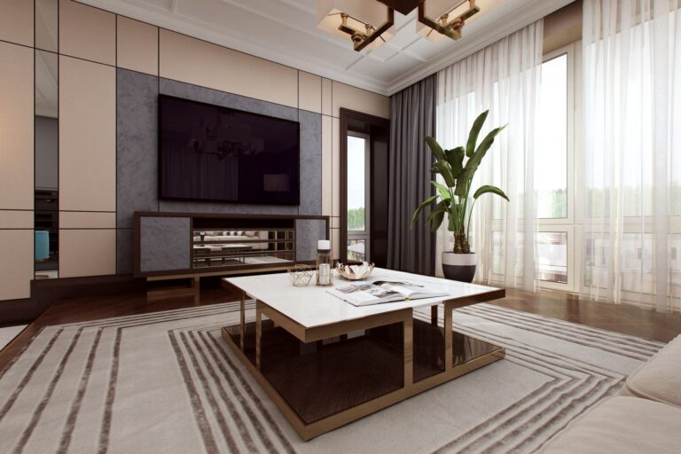 Золотисто-белый журнальный столик в интерьере гостиной