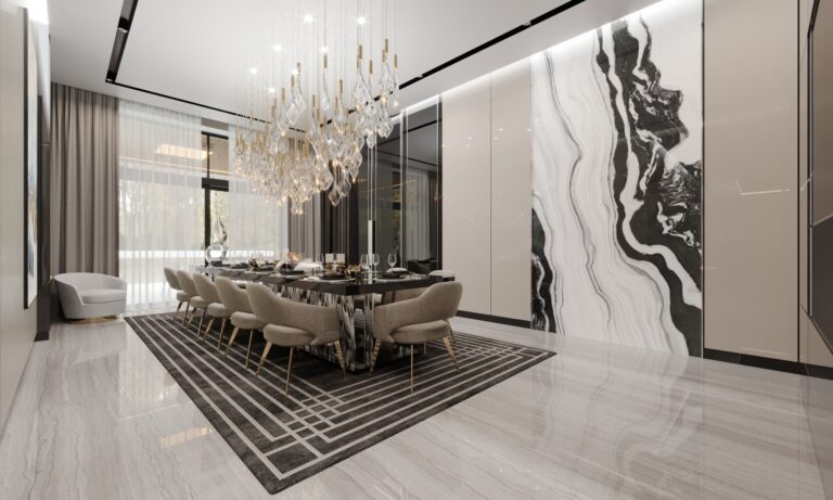 Интерьер столовой в доме в серо-бежевых тонах