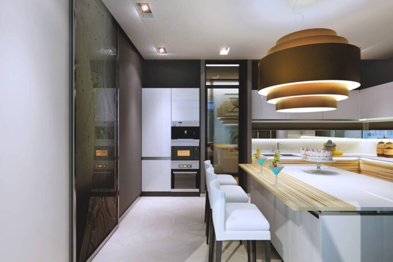 Терракотовый светильник с кольцами в оформлении кухни