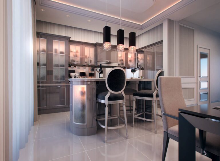 Дизайн совмещенных столовой и кухни с серой плиткой